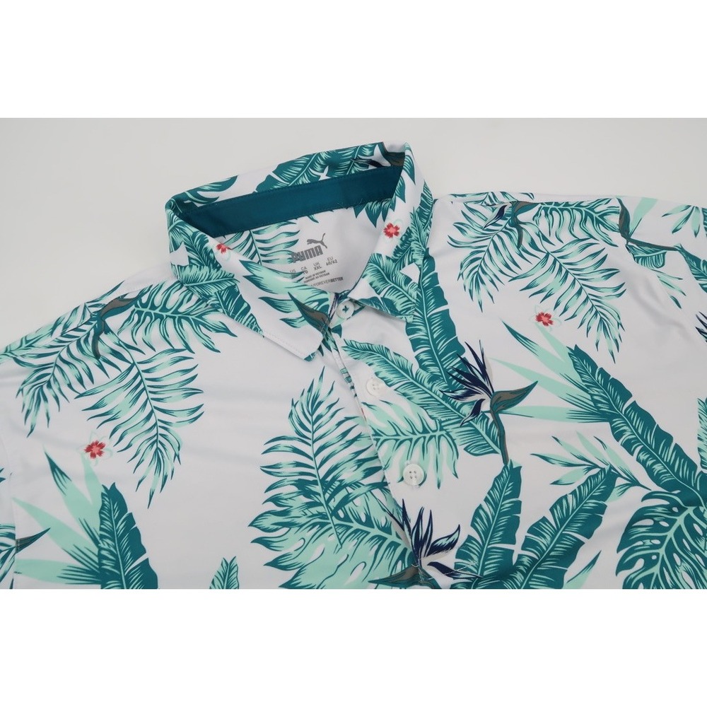 PUMA Cloudspun Aloha Golf Polo Shirt White Green Floral Performance Mens ZL